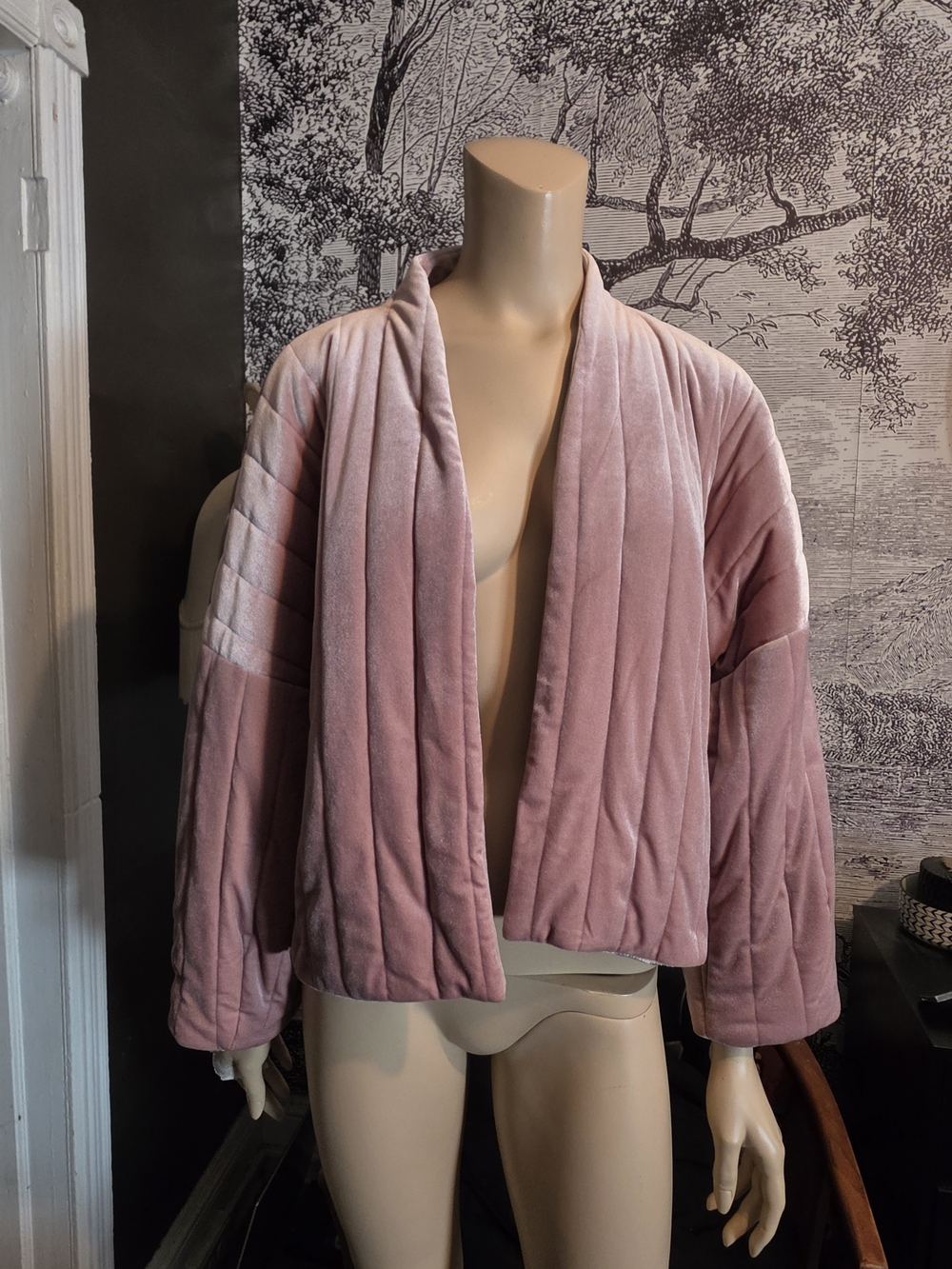 Rose Pink Quilted Velvet Open Front Duster Kimono Jacket